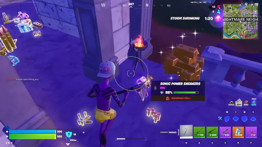 Fortnite PC aimbot in combat with FOV circle and green skeleton ESP on an enemy