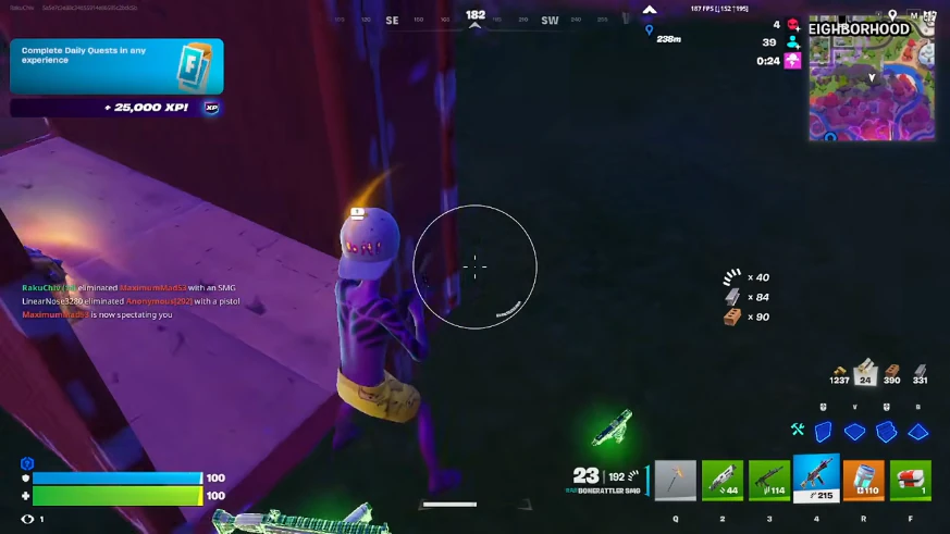 Fortnite PC ESP wallhack overlay with player boxes, distance tags, and aimbot FOV circle