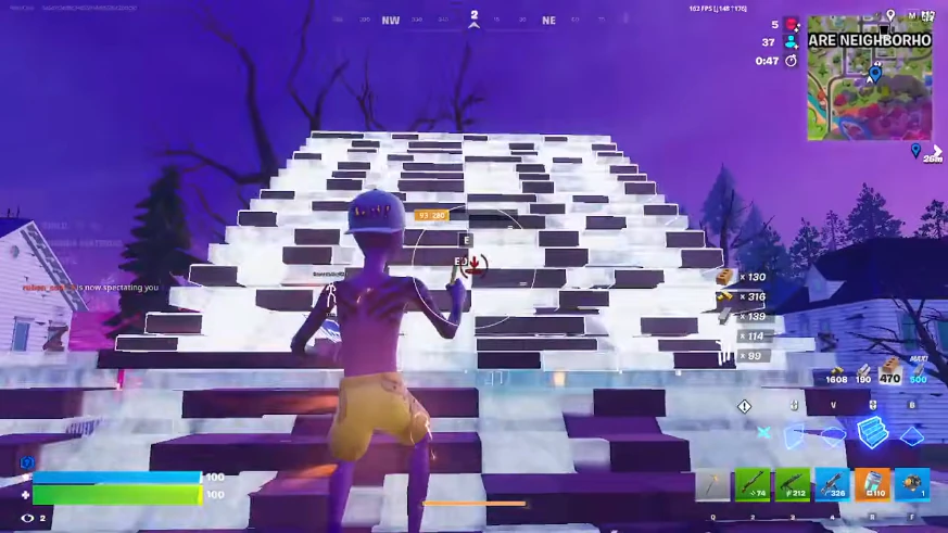Fortnite radar hack and ESP overlay showing enemy names, health bars, and range markers
